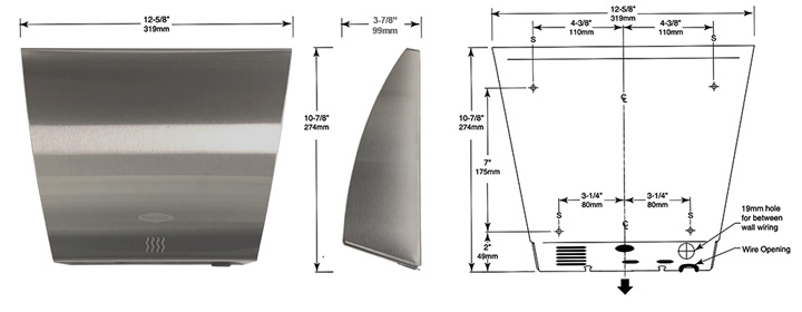 Measurements for B-7125 Hand Dryer