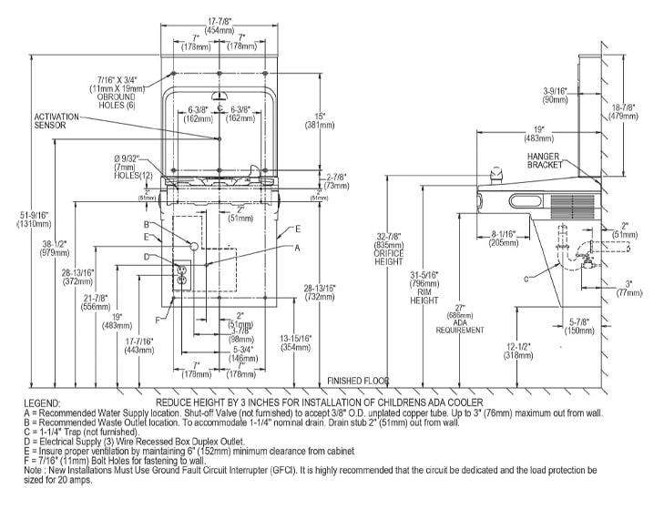 Measurement Diagram for Elkay EZS8WSVRSK Bottle Filling Station