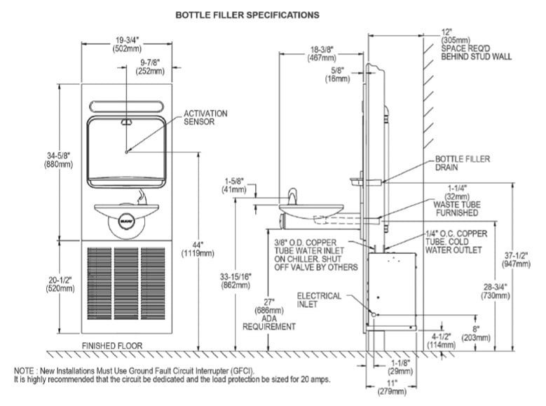 Measurement Diagram for Elkay EZWS-ERPBM8K Bottle Filling Station