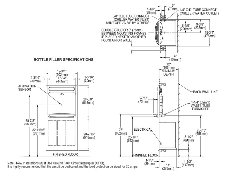 Measurement Diagram for Elkay EZWSM8K Bottle Filling Station