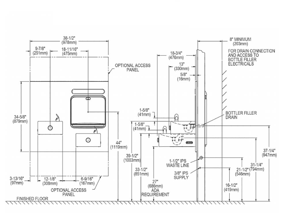 Measurement Diagram for Elkay EZWS-EDFP217K Drinking Fountain