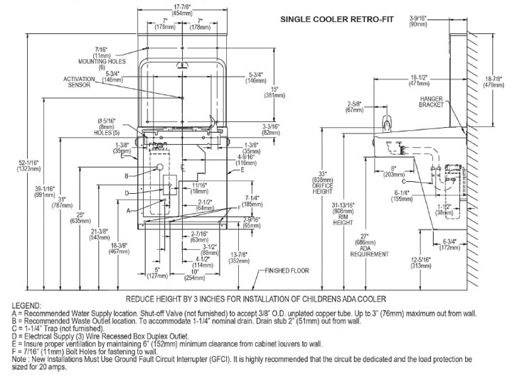 Measurement Diagram for Elkay LMABFWS-RF Bottle Filling Station