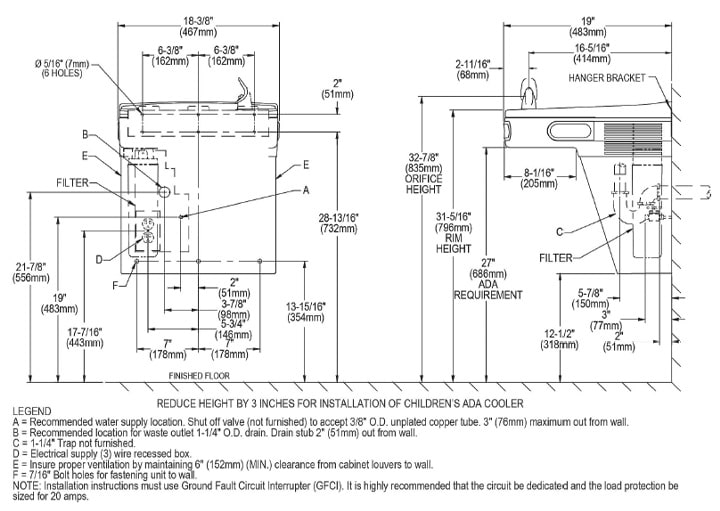 Measurement Diagram for Elkay LZS8L Cooler