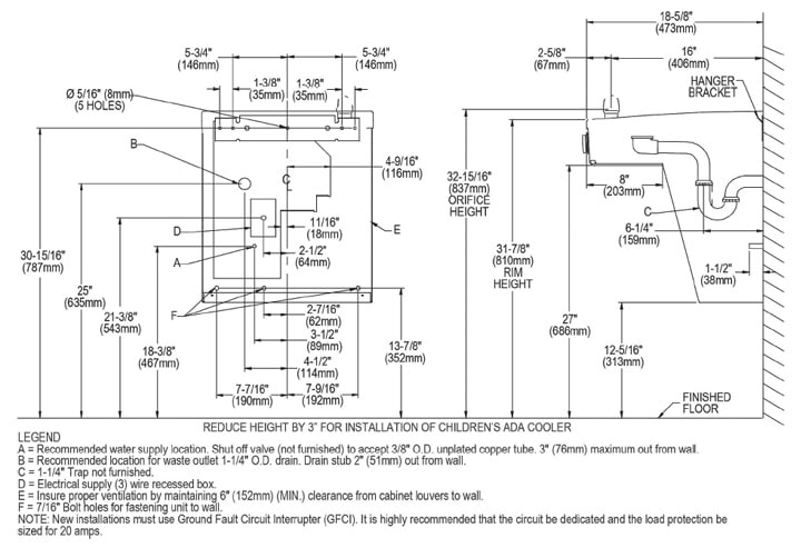 Measurement Diagram for Elkay VRCFR8S Cooler