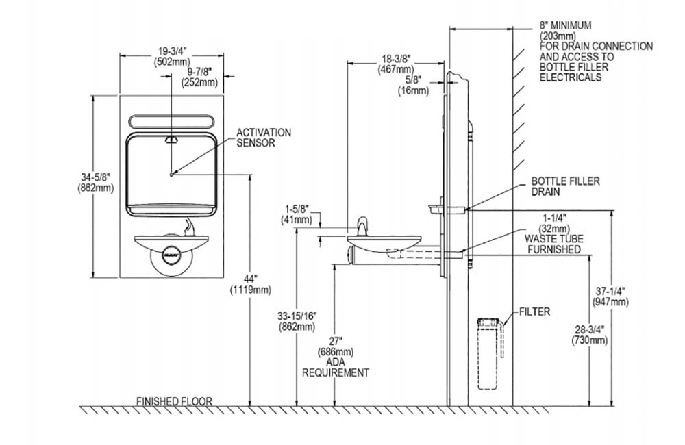 Measurement Diagram for Elkay LZWS-EDFPBM114K Drinking Fountain