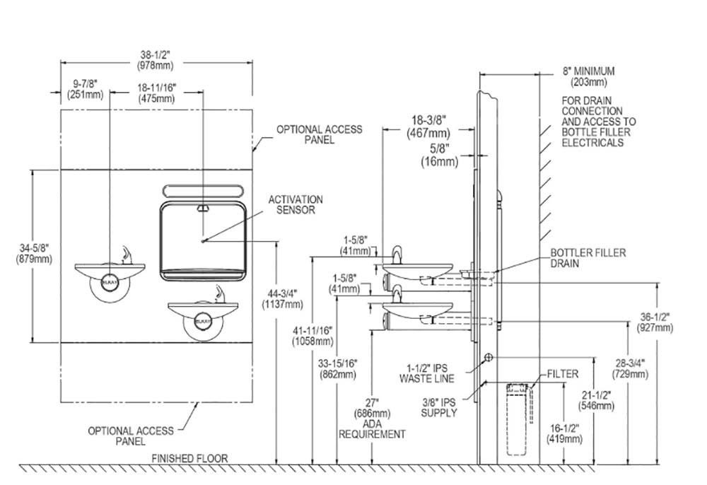 Measurement Diagram for Elkay LZWS-EDFPBM117K Drinking Fountain