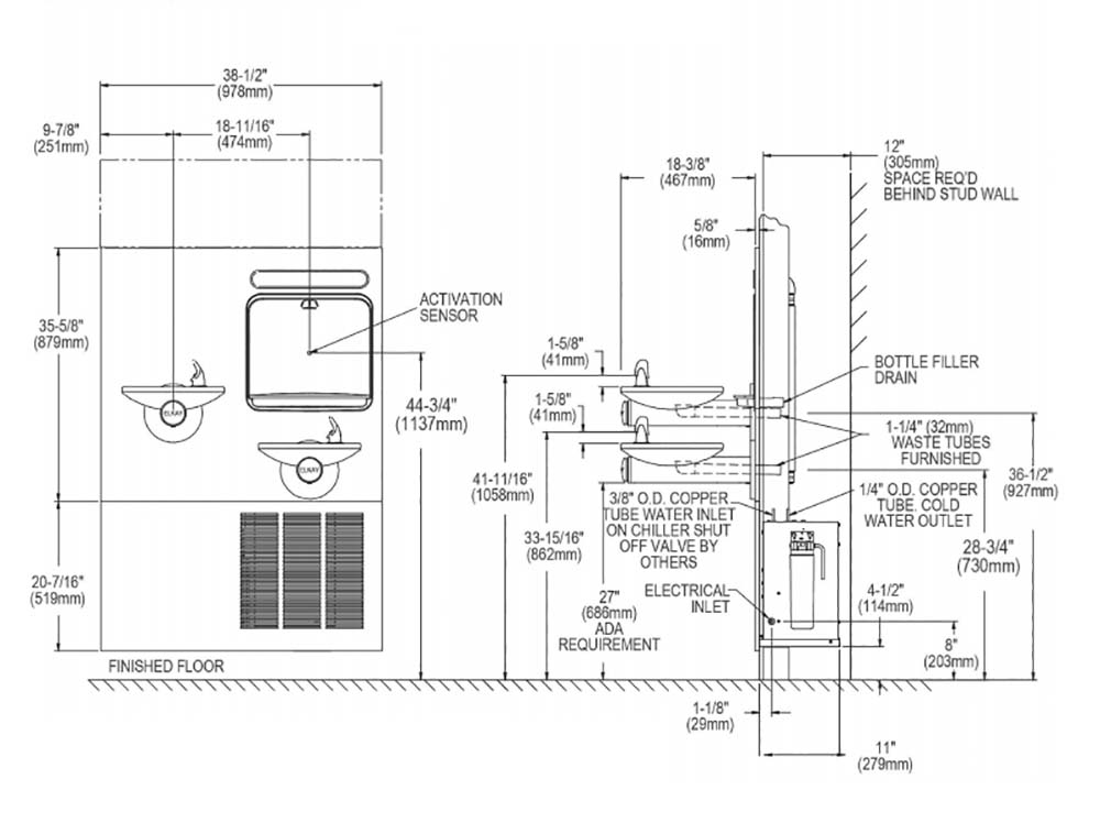 Measurement Diagram for Elkay LZWS-LRPBM28K Drinking Fountain