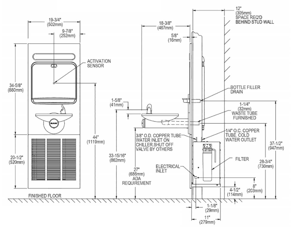 Measurement Diagram for Elkay LZWS-LRPBM8K Drinking Fountain