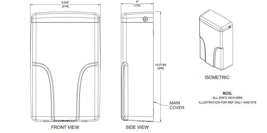 Measurement Diagram for SI - Turbo-Pro 0196 Automatic Hand Dryer