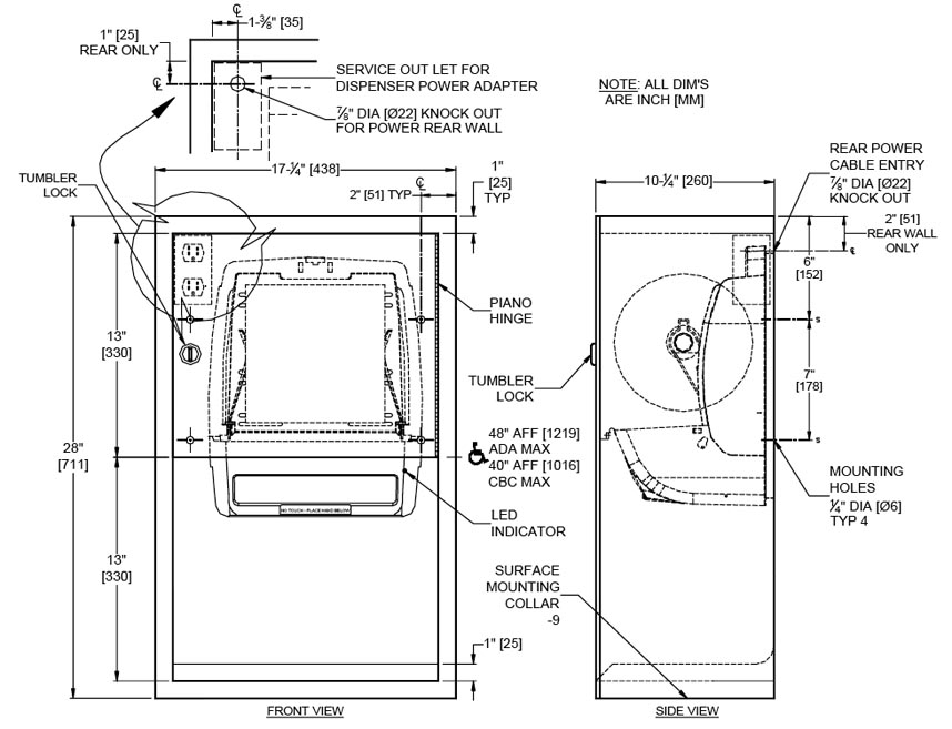 Measurements for ASI 10-045210AC-9 Paper Towel Dispenser