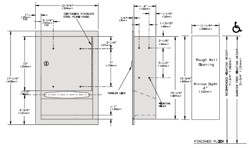 Measurements for ASI 10-0457 Paper Towel Dispenser