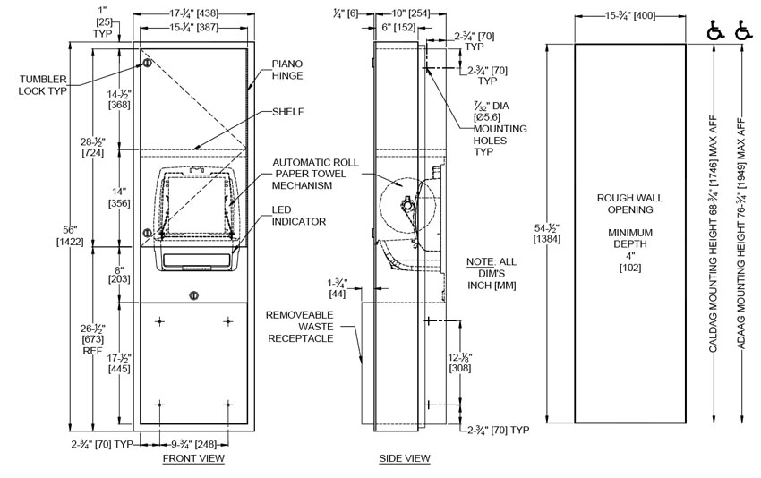 Measurements for ASI 10-046921A-6 Paper Towel Dispenser