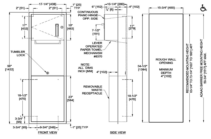 Measurements for ASI 10-046924 Paper Towel Dispenser
