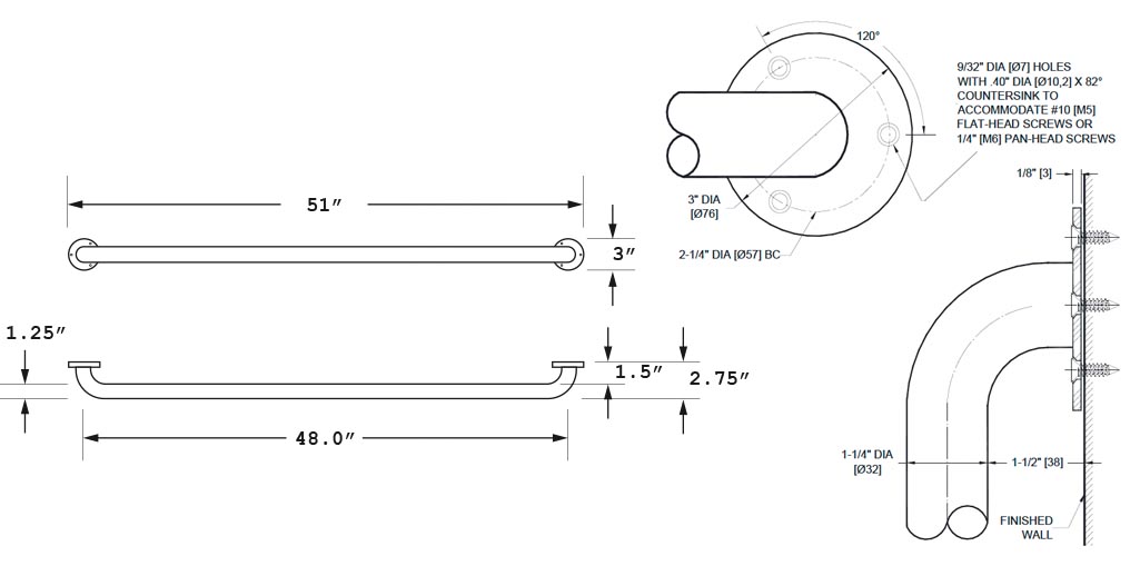 Measurements for ASI 10-3401-48 Grab Bar
