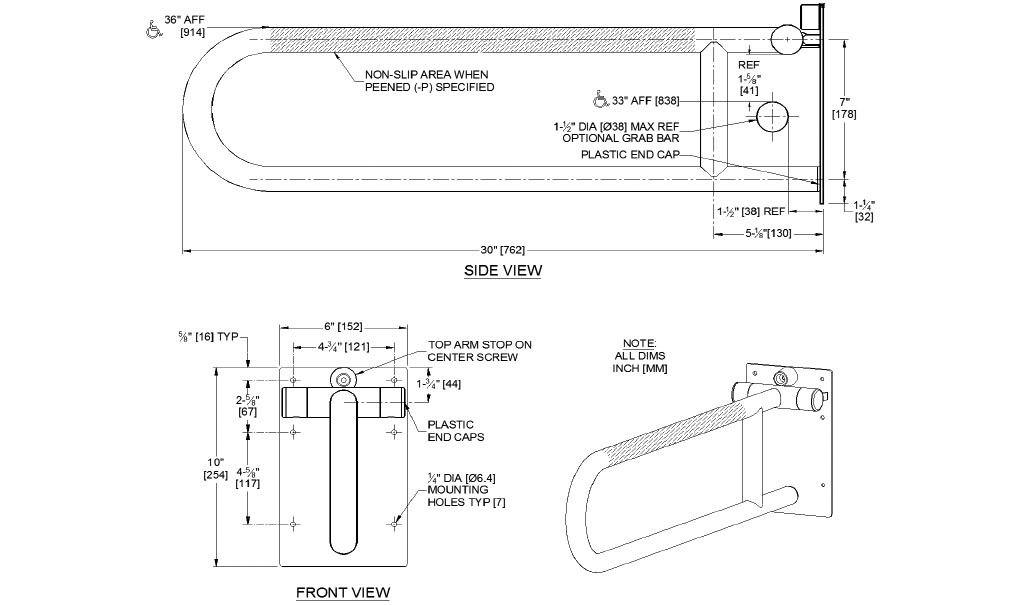 Measurements for ASI 10-3413-P Grab Bar