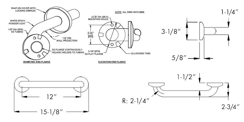 Measurements for ASI 10-3701-12 Grab Bar