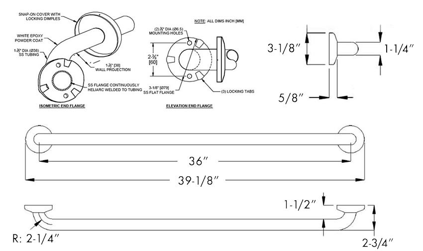 Measurements for ASI 10-3701-36 Grab Bar