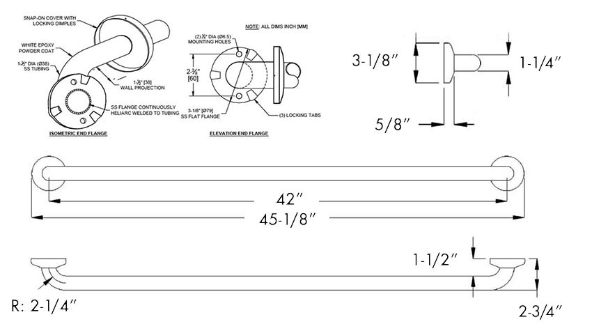 Measurements for ASI 10-3701-42P Grab Bar