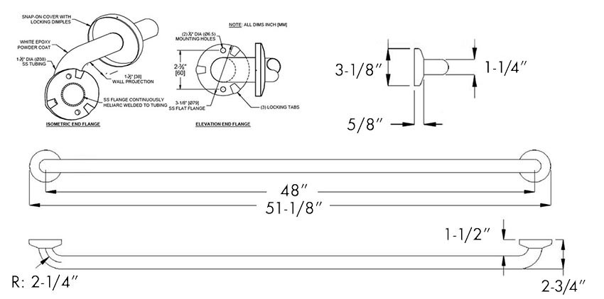 Measurements for ASI 10-3701-48P Grab Bar