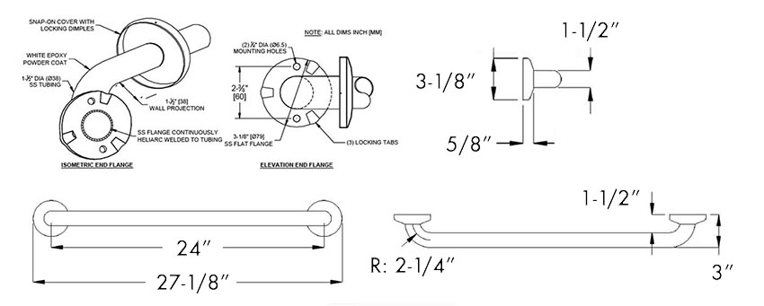 Measurements for ASI 10-3701-24W White Grab Bar