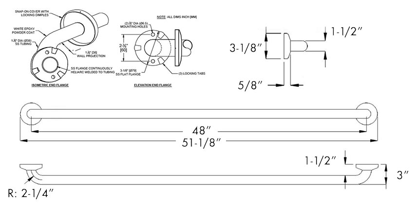 Measurements for ASI 10-3701-48W White Grab Bar