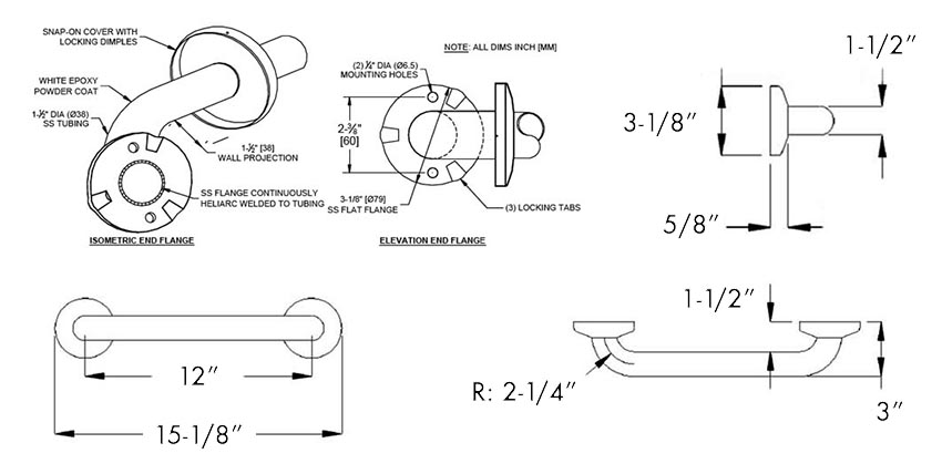 Measurements for ASI 10-3801-12 Grab Bar