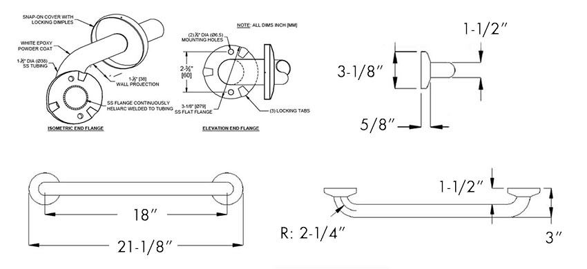 Measurements for ASI 10-3801-18P Grab Bar