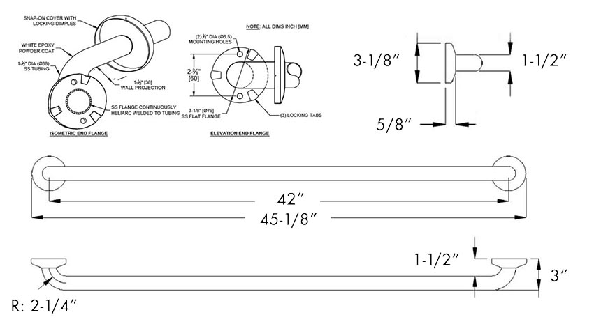 Measurements for ASI 10-3801-42P Grab Bar