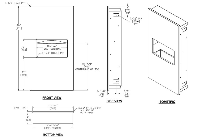 Measurements for ASI 10-64623-00 Recessed Paper Towel Dispenser and Trash Bin.