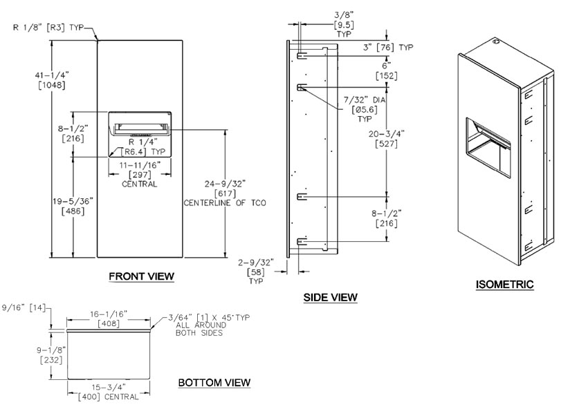 Measurements for ASI 10-64696AC-00 Recessed Paper Towel Dispenser and Trash Bin.