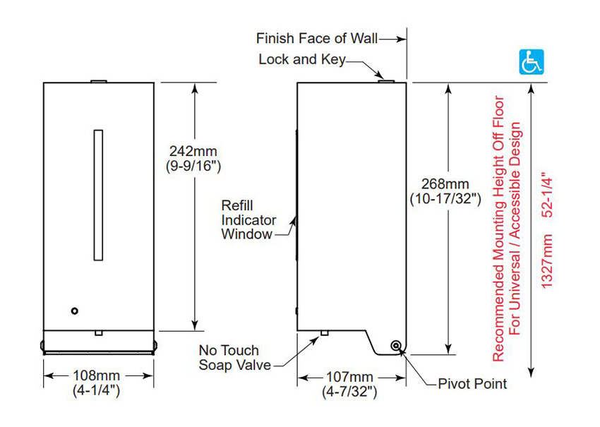 Measurements for Bobrick B-2013 Automatic Foam Commercial Soap Dispenser