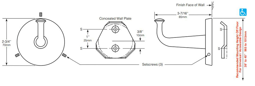 Measurements for Bobrick B-2116 Commercial Clothes & Robe Hook