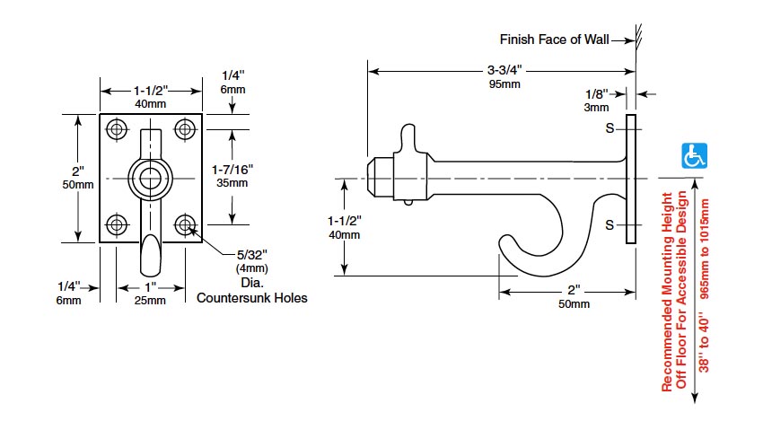 Measurements for Bobrick 212 Coat Hook with Bumper