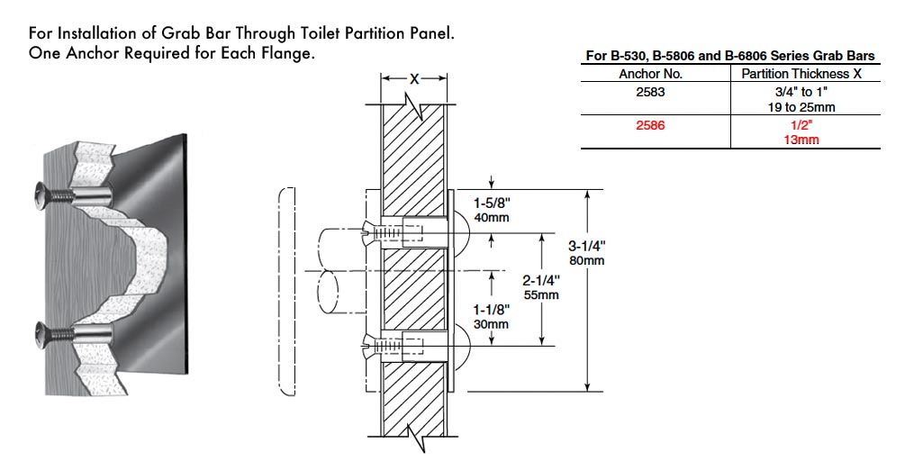 Measurements for Bobrick B-2586 Fastener for Partitions