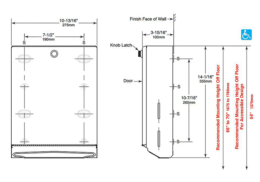 Measurements for Bobrick B-2620 Stainless Steel Paper Towel Dispenser