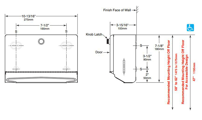Measurements for Bobrick B-2621 Classic Series Wall-Mount Paper Towel Dispenser