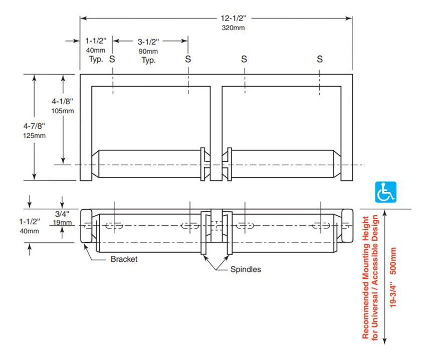 Measurements for Bobrick B-2740 Commercial Restroom Double-Roll Toilet Paper Dispenser
