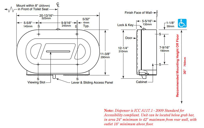 Measurements for Bobrick B-2892 Classic Series Jumbo-Roll Toilet Paper Dispenser