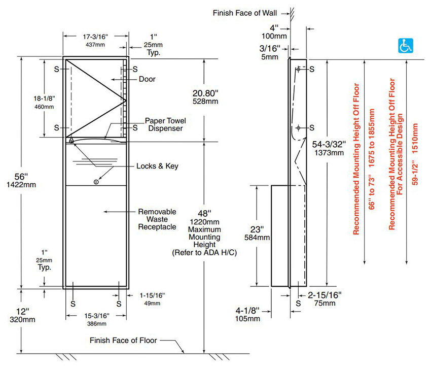 Measurements for Bobrick B-3944 Recessed Paper Towel Dispenser/Waste Receptacle