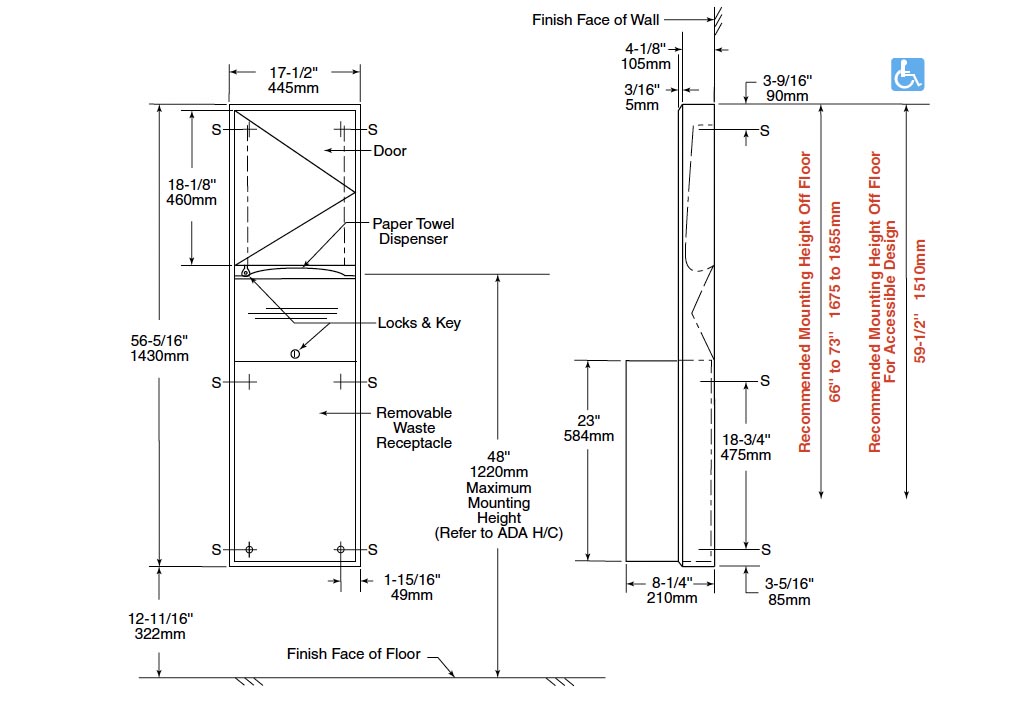 Measurements for Bobrick B-3949 Paper Towel Dispenser