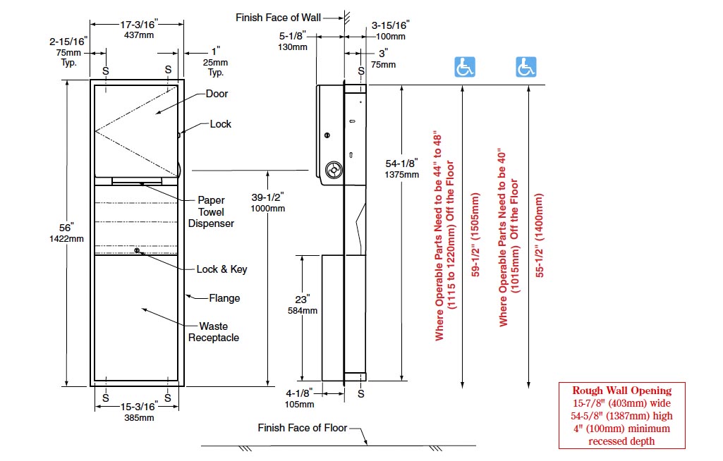 Measurements for Bobrick B-3961 Paper Towel Dispenser