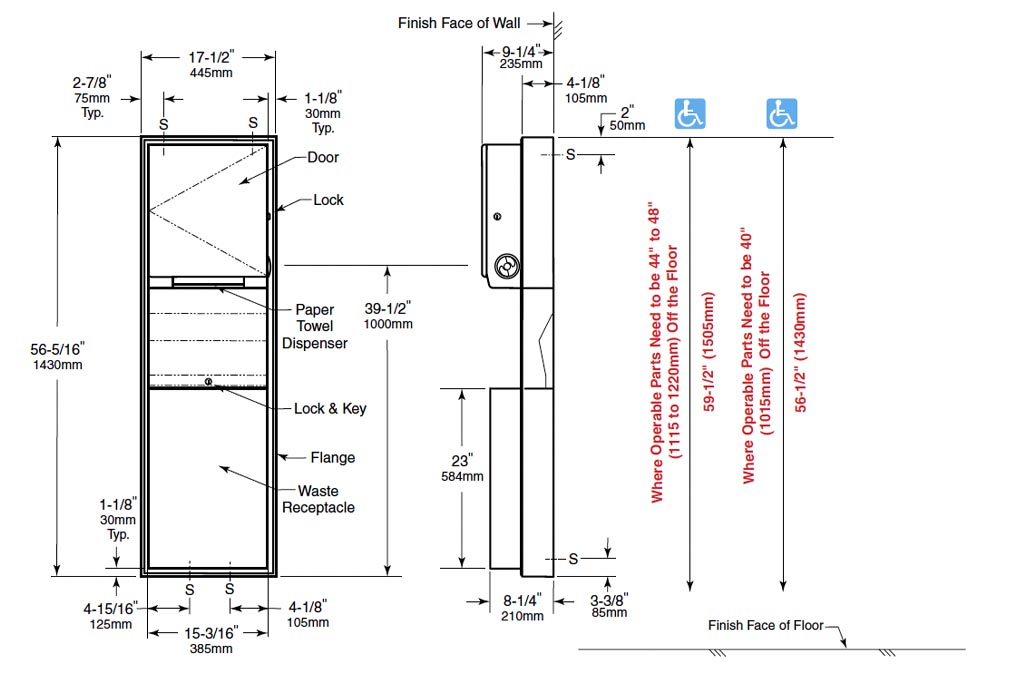 Measurements for Bobrick B-39619 Paper Towel Dispenser