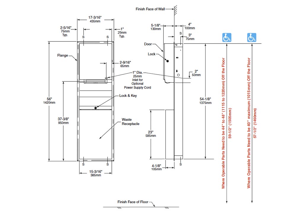 Measurements for Bobrick B-3974 Paper Towel Dispenser