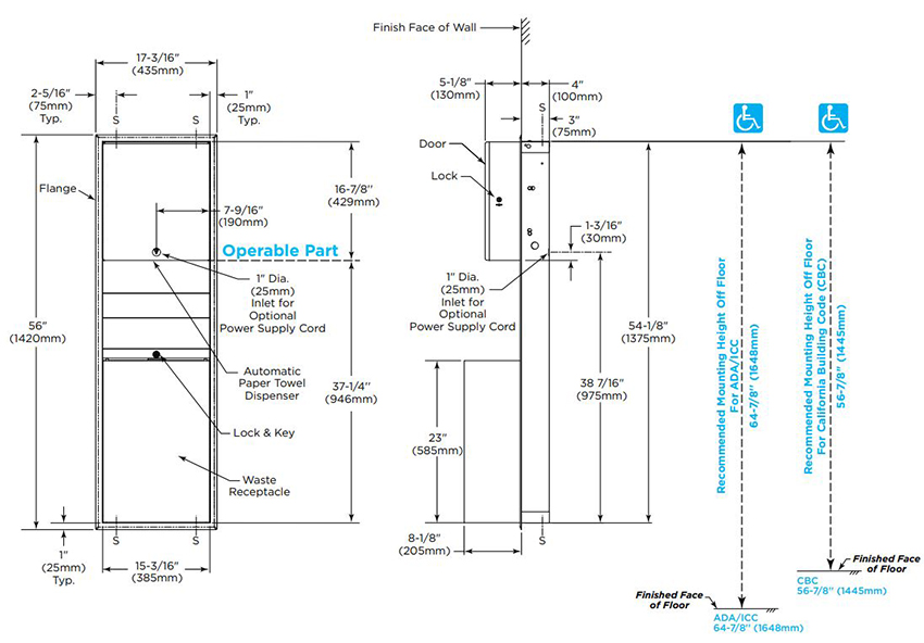 Measurements for Bobrick B-39747 Paper Towel Dispenser