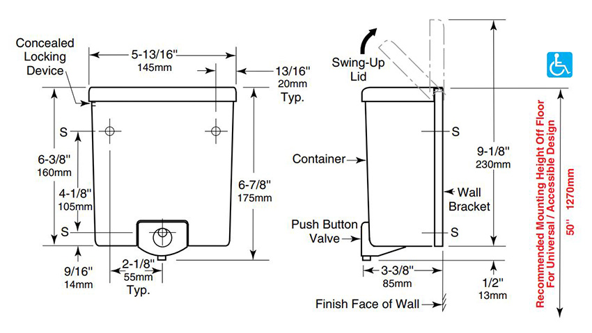 Measurements for Bobrick B-40 Classic Series Wall Mounted Restroom Soap Dispenser