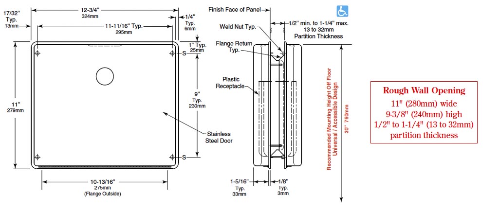 Measurements for Bobrick B-4354 Sanitary Napkin Disposal