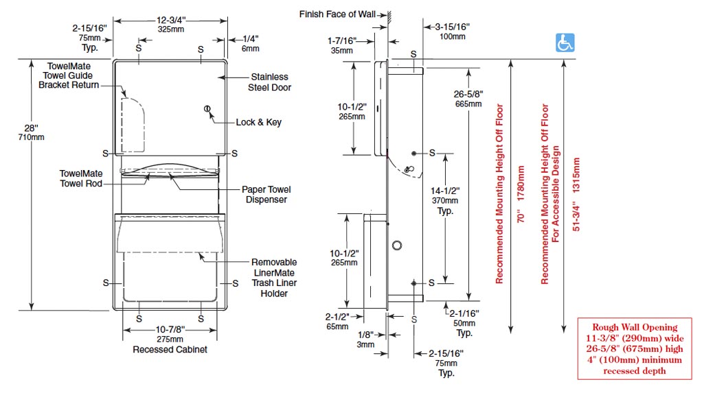 Measurements for Bobrick B-4369 Paper Towel Dispenser