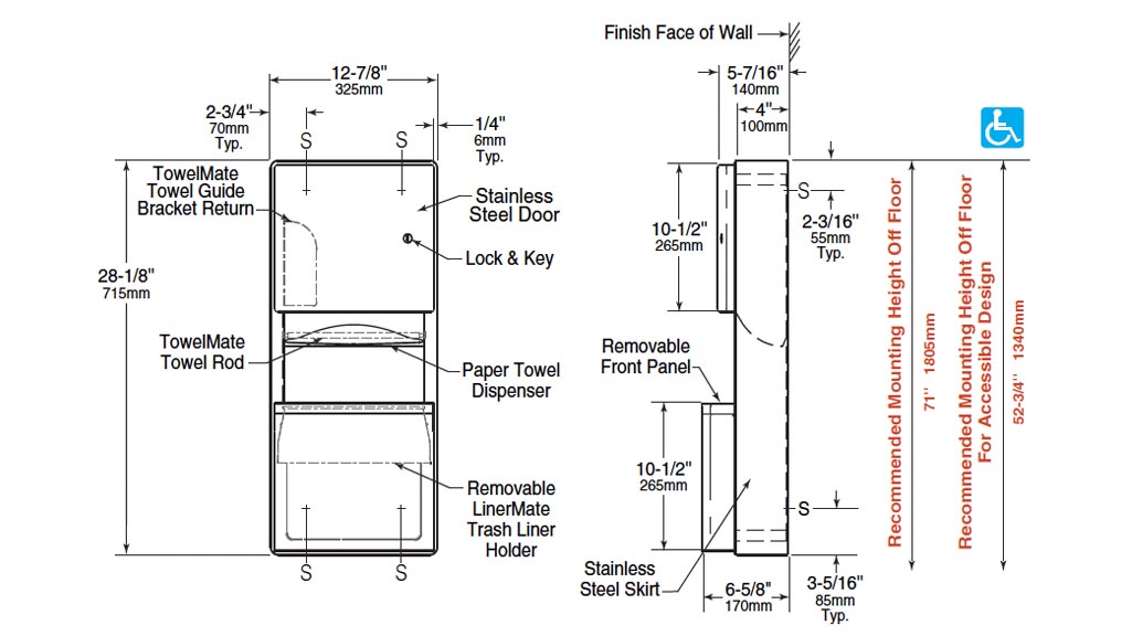 Measurements for Bobrick B-43699 Paper Towel Dispenser