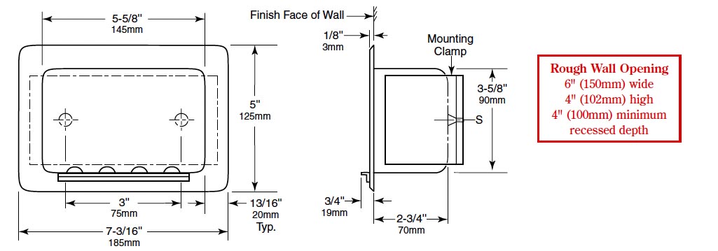 Measurements for Bobrick B-4380 Recessed Soap Dish