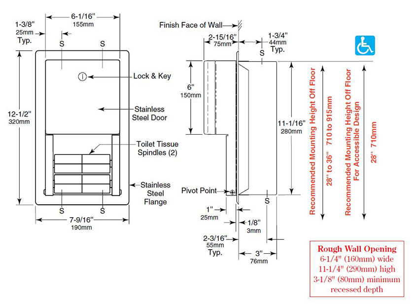Measurements for Bobrick 4388 Recessed Multi-Roll Toilet Tissue Dispenser